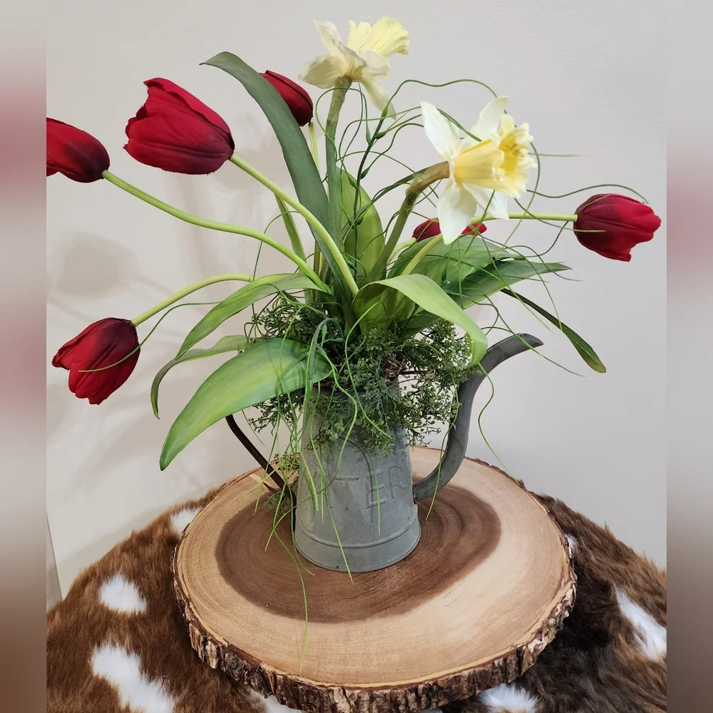 Rustic Farmhouse Galvanized Watering Can Tulip Floral Arrangement
